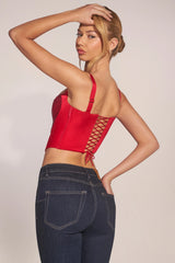 Sweetheart-Neck Lace-Up Corset Top in Cherry