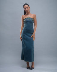 Atun Denim Bandeau Maxi Dress in Brown Blue Acid Wash