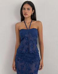 Ruwi Halter Top in Sequin Knit Navy