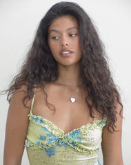 Ranita Ruffle Trim Cami Top in Green Blurred Jungle with Turquoise Rose