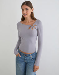 Donela Long Sleeve Top with Flower Ring in Lilac Grey