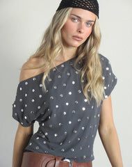 Balia Asymmetric Short Sleeve Top in Studded Chiffon Dark Grey