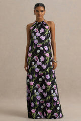 Svana | Black Satin Floral Asymmetric Halter-Neck Maxi Dress