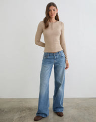 Zinta Long Sleeve Button Up Top in Rib Knit Oat