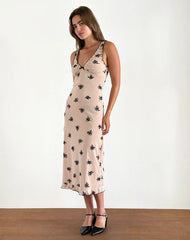 Gandira Midi Dress in Cluster Ditsy Floral Flock Nude