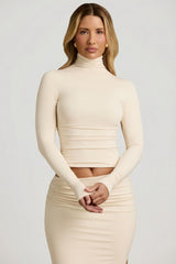 Modal Ruched Backless Turtleneck Top in Ivory