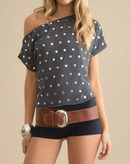 Balia Asymmetric Short Sleeve Top in Studded Chiffon Dark Grey