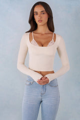 Ribbed Modal Long-Sleeve Laced Bra Top in Ivory