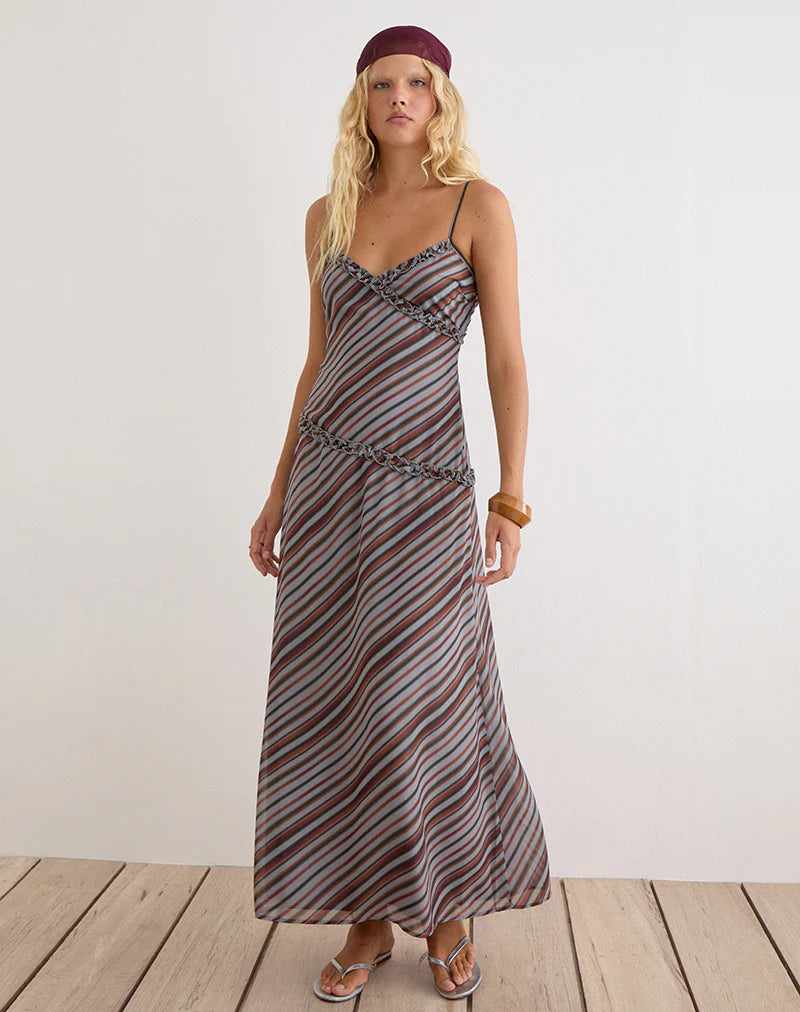 Angie Maxi Dress in Chiffon Grey and Maroon Diagonal Stripe