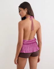 Bherita Top with Beads in Shimmer Plisse Hot Pink