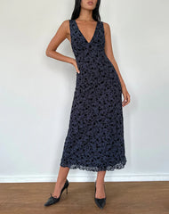 Gabriela Midi Dress in Flocked Petal Navy
