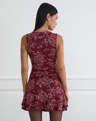 Lanai Mini Dress in Outline Rose Maroon