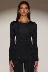 Embellished Crew-Neck Long-Sleeve Top in Black