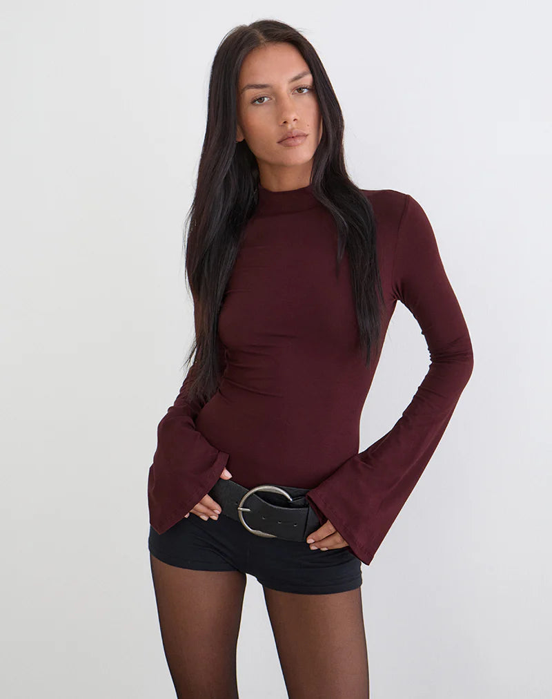 Nell High Neck Long Sleeve Top in Dark Plum
