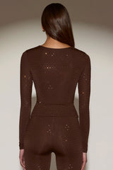Embellished Crew-Neck Long-Sleeve Top in Chocolate Brown