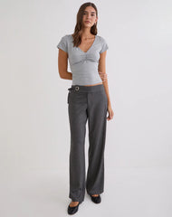 Obanai Short Sleeve V Neck Top in Grey Marl