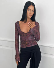 Aifee Long Sleeve Top in Mesh Blurry Floral Burgundy