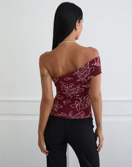 Marga One Shoulder Top in Outline Rose Maroon