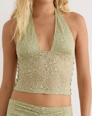 Calora Top in Stretch Lace Sage with Pearl Button