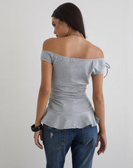 Kanao Bardot Frill Top in Grey Marl