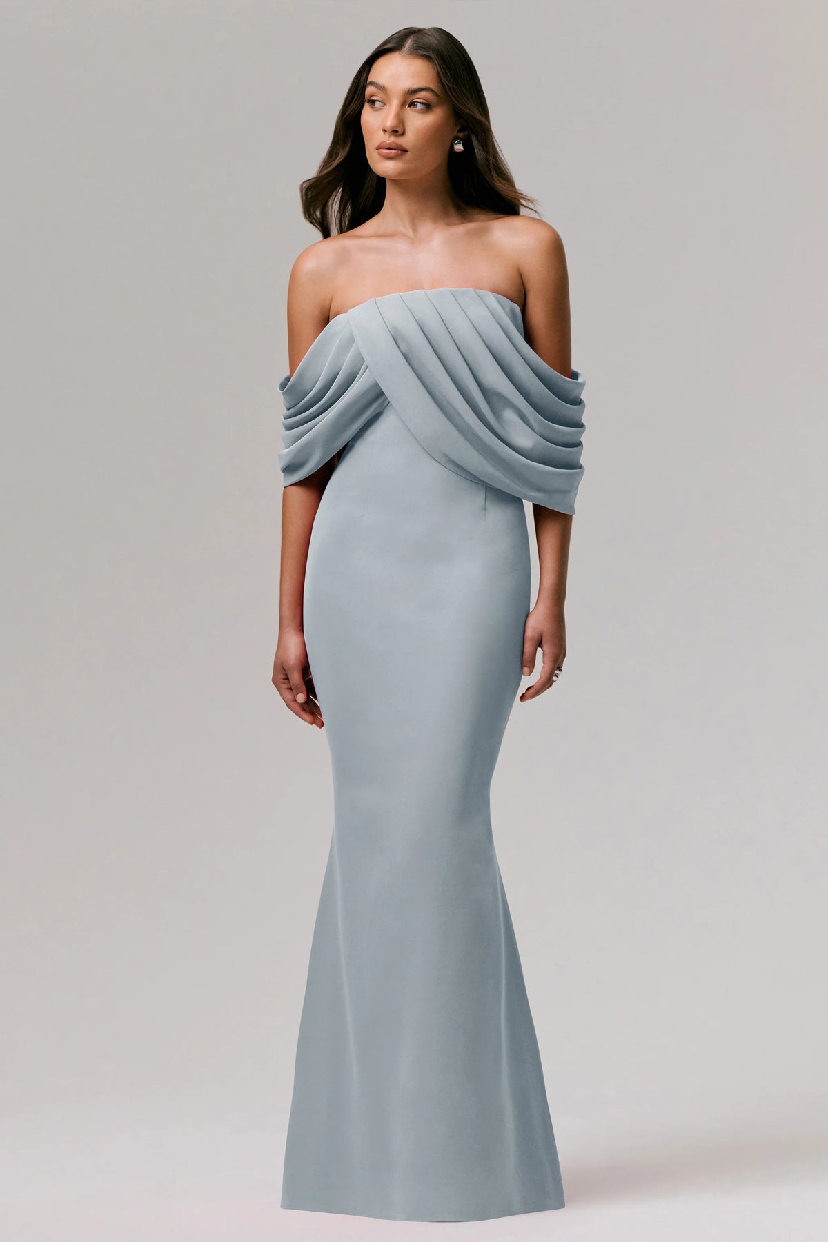 Serene | Powder Blue Draped Bardot Maxi Dress