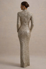 Galaxy | Champagne Sequin Turtle-Neck Long-Sleeve Maxi Dress