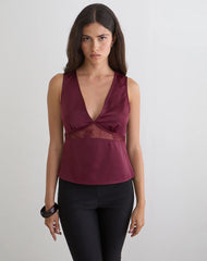 Valeska Lace Insert Top in Satin Zinfandel