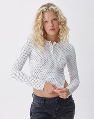 Delano Top in White with Micro Polka Black Print