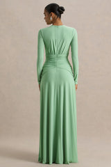 With Me | Green High-Neck Maxi Dress With Ruched Detailing