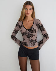 Jumah Top in Taupe Grey with Bold Floral Flock