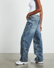 Emison Low Rise Paneled Straight Leg Jeans Faded Stone Wash Blue