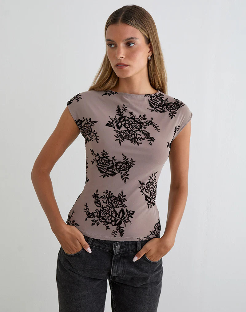 Nova Top in Taupe Grey with Bold Floral Flock