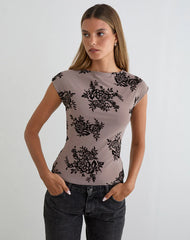 Nova Top in Taupe Grey with Bold Floral Flock