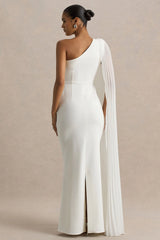 Athens | White Asymmetric-Neck Maxi Dress With Cape Sleeve Detail