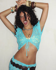 Mirea Shrug Top in Crochet Knit Aqua Sky