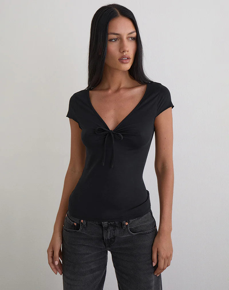 Saiba Cap Sleeve Top in Cupro Black