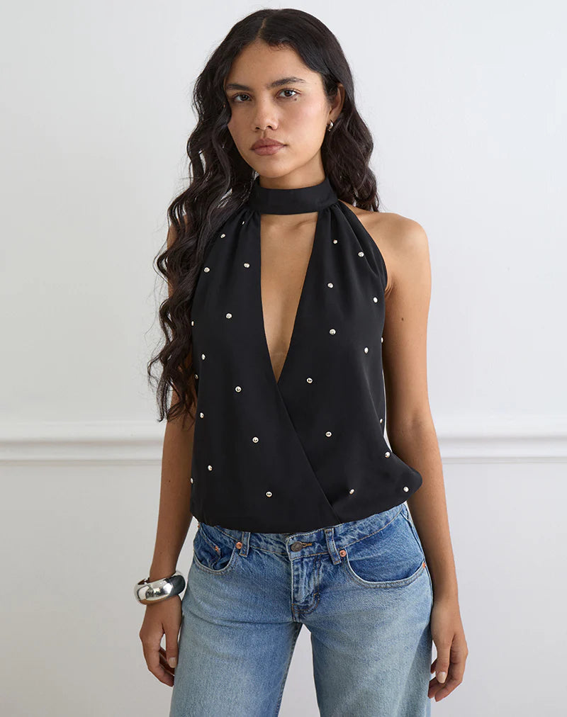 Bajo Halter Bubble Top in Chiffon Black with Studs