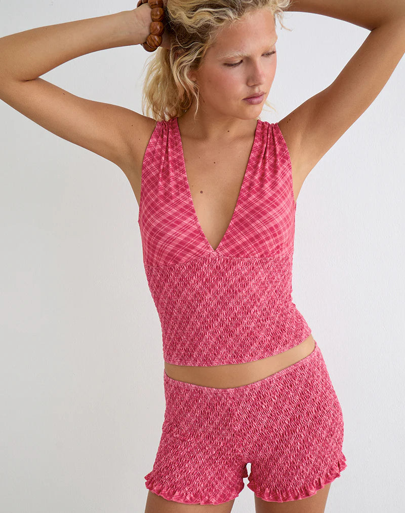 Lantia Shirred Top in Tilted Check Pink
