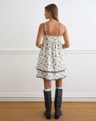 Gal Mini Dress in Ditsy Leaf Rose Navy