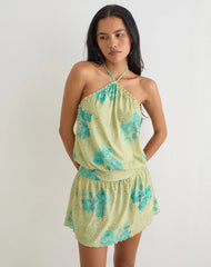 Sunyi Mini Dress in Green Blurred Jungle with Turquoise Rose