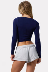 Ruched Long-Sleeve Crop Top in Navy