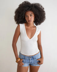 Emberly Plunge Top in White with Micro Polka Black