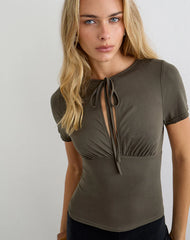 Yubis Short Sleeve Top in Cupro Dark Khaki