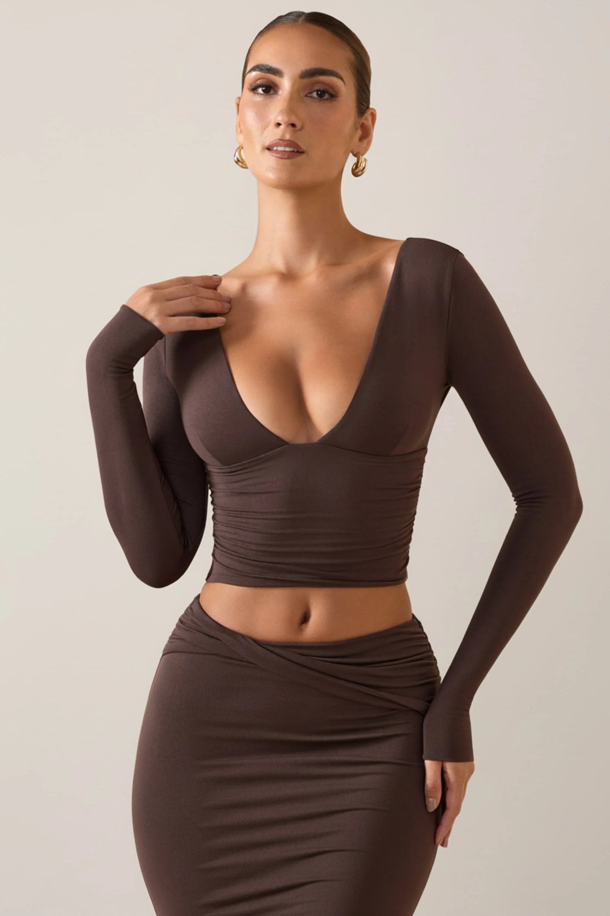 Modal Plunge Long-Sleeve Top in Chocolate Brown