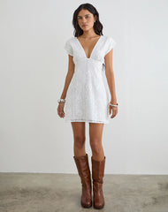Yenna Plunge Mini Dress in Floral Lace White