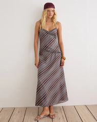Angie Maxi Dress in Chiffon Grey and Maroon Diagonal Stripe