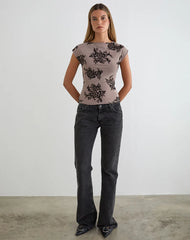 Nova Top in Taupe Grey with Bold Floral Flock