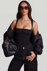 Soft Jersey Square-Neck Ruched Top in Black