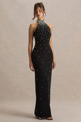 Dani | Black Hand-Embellished Halter-Neck Maxi Dress
