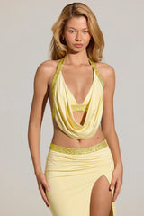 Embellished Deep Plunge Halterneck Top  in Lemon Yellow